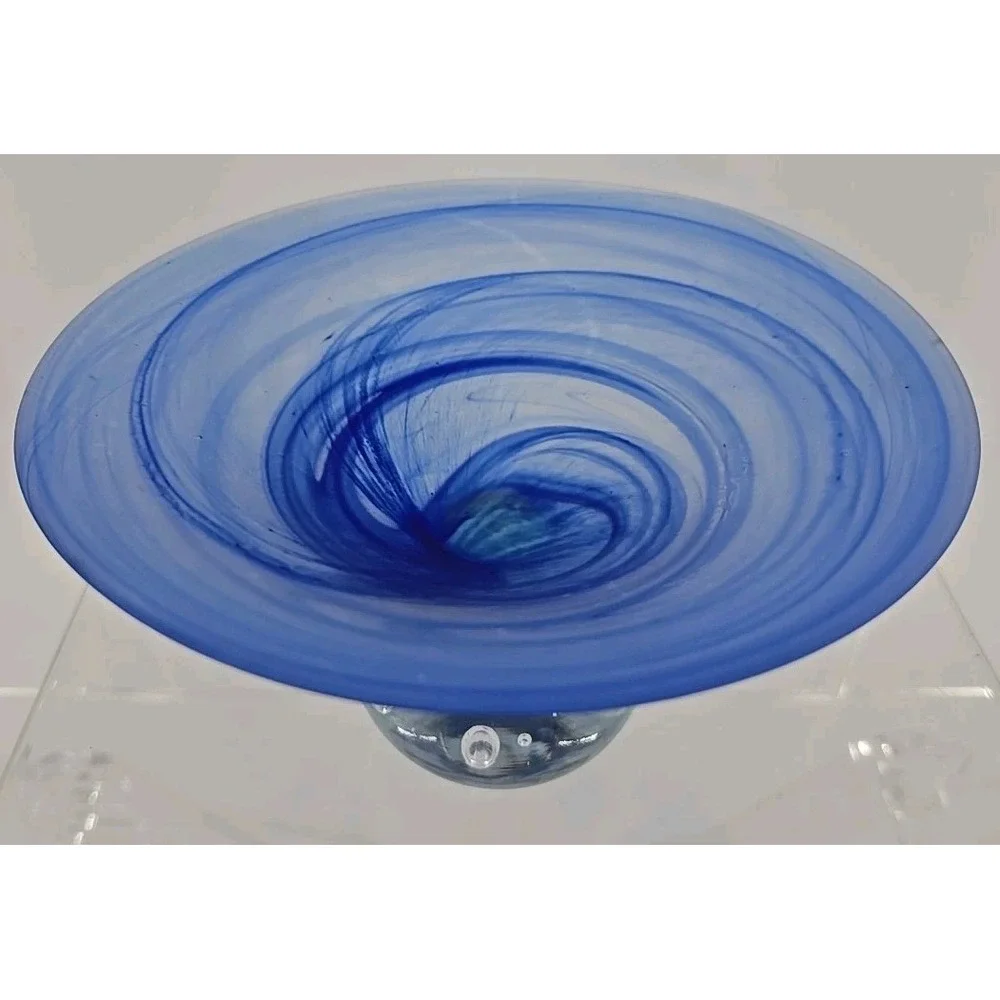 Satin blue Swirl Compote  Polished  Clear Glass Base W/ Bubbles 7